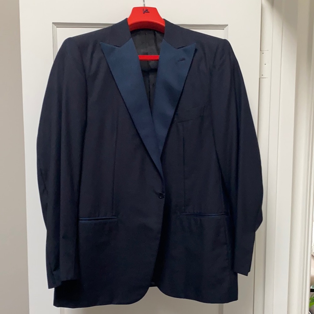 Isaia Napoli For Neimans Deep Navy Blue/Black w/ Blue Lapel Tuxedo Jacket 48R